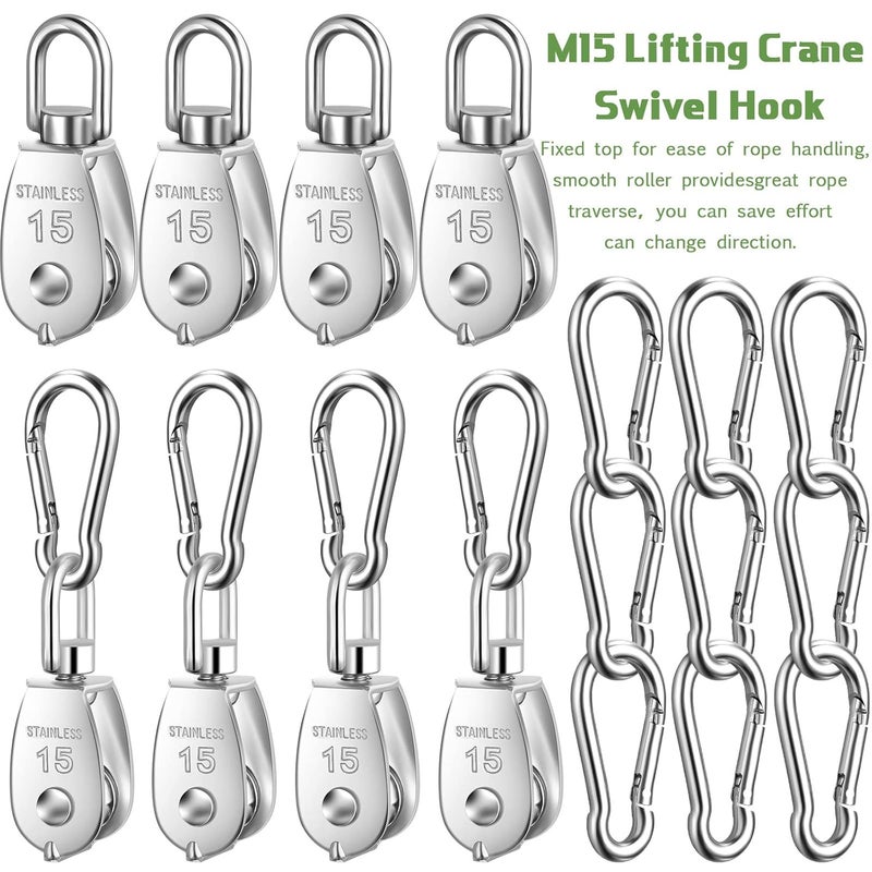 Ferraycle 30 Pcs Single Pulley Block System 304 Stainless Steel Pulley Wheel Hanging Wire Towing Wheel with 30 Pcs Spring Snap Hook, Lifting Wire Rope Single Swivel Roller, Silver(M15) - Image 5